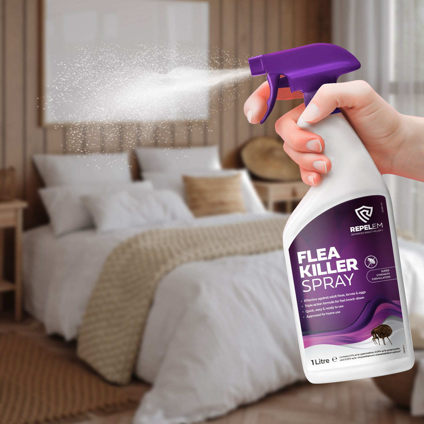 REPELEM Flea Killer, shown being sprayed inside house.