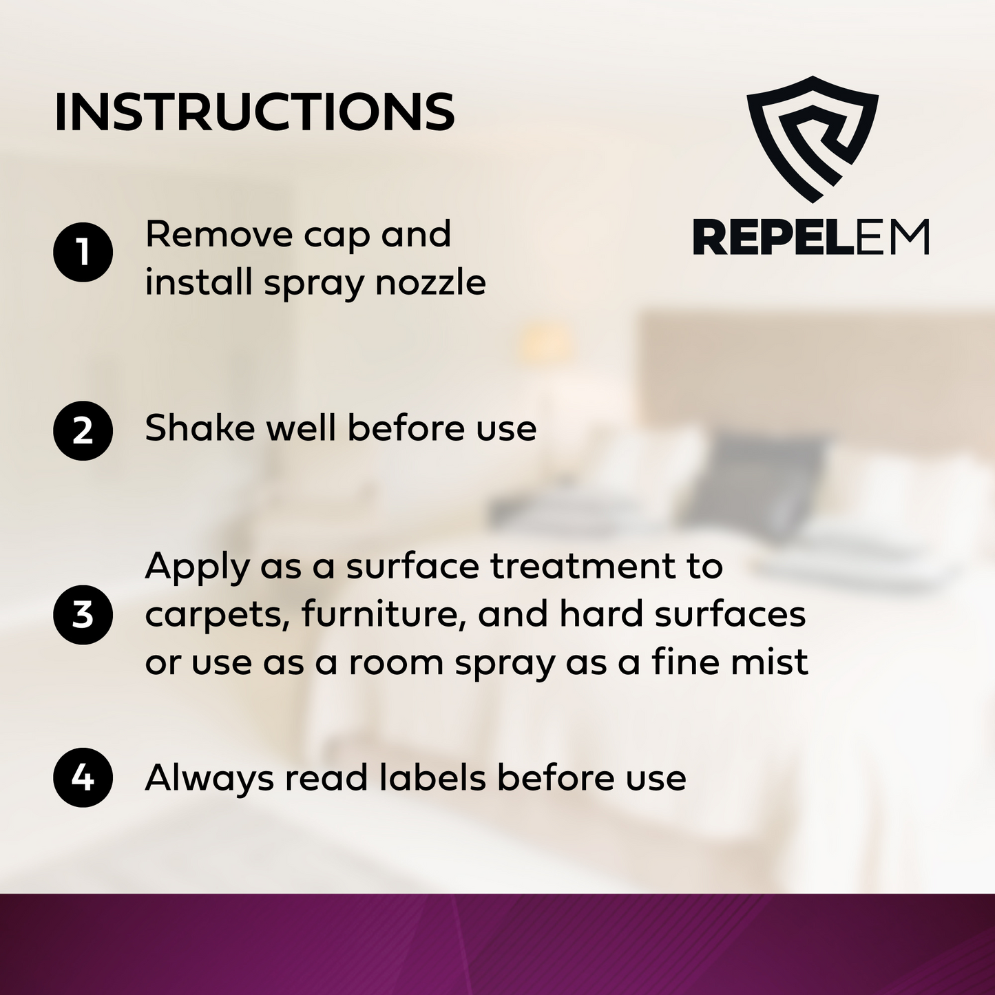 Instructions, install spray nozzle, shake well, apply as surface treatment to carpets, furniture or as a room spray. Read label before use.