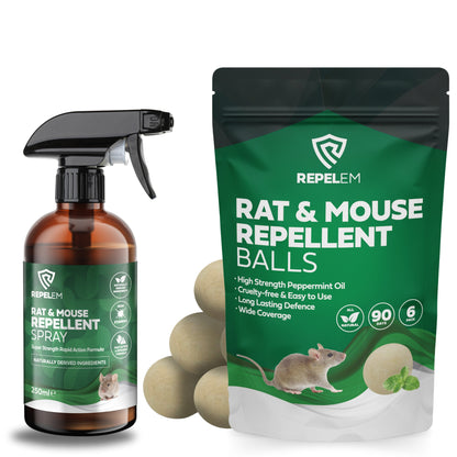 REPELEM Rat & Mouse Repellent Kit - 6 Rodent Repellent Balls & 250ml Peppermint Rodent Repellent Spray