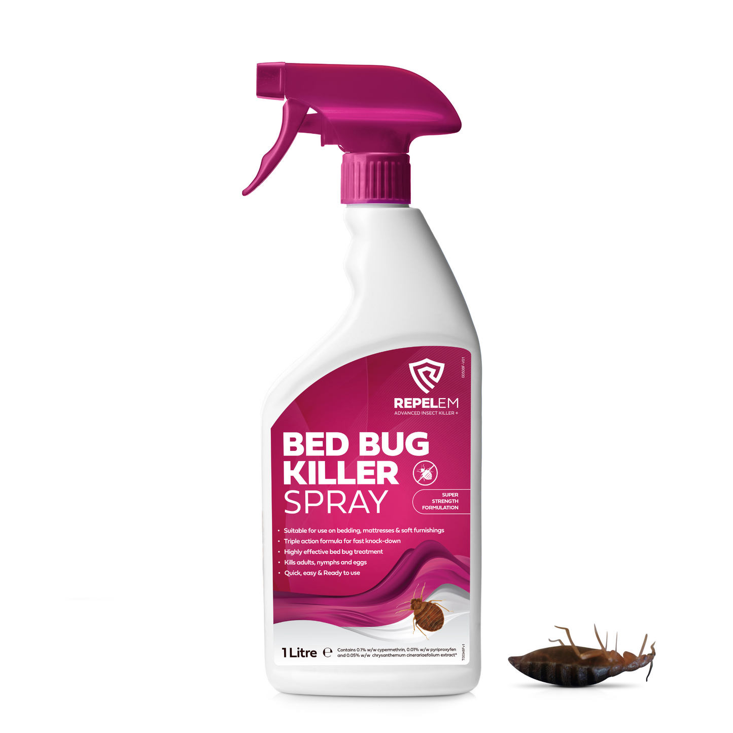 REPELEM 1L Bed Bug Killer Spray with dead Bed Bug Beside the bottle. 