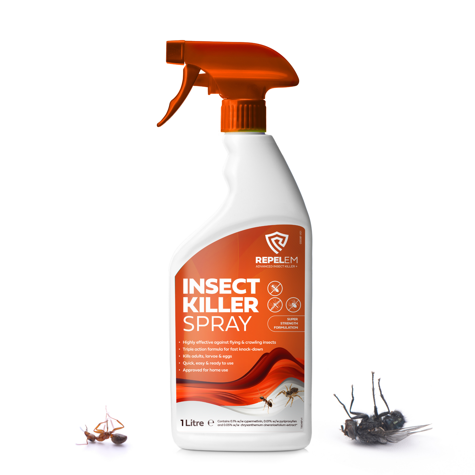 REPELEM 1L Large Insect Killer Spray wiith dead insects beside bottle. 
