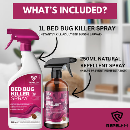 REPELEM Bed Bug Treatment Kit - 1L Bed Bug Killer Spray & 250ml Natural Repellent