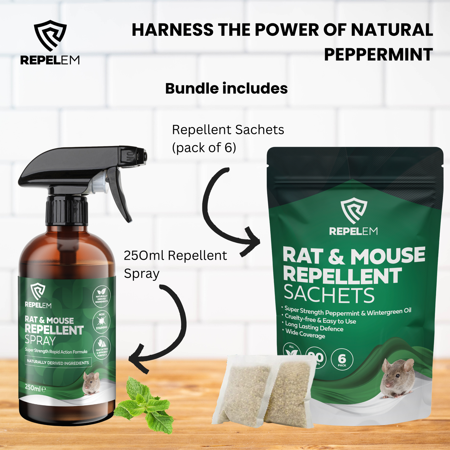REPELEM Rodent Repellent Bundle - 6 Rodent Repellent Sachets & 250ml Peppermint Rodent Repellent Spray