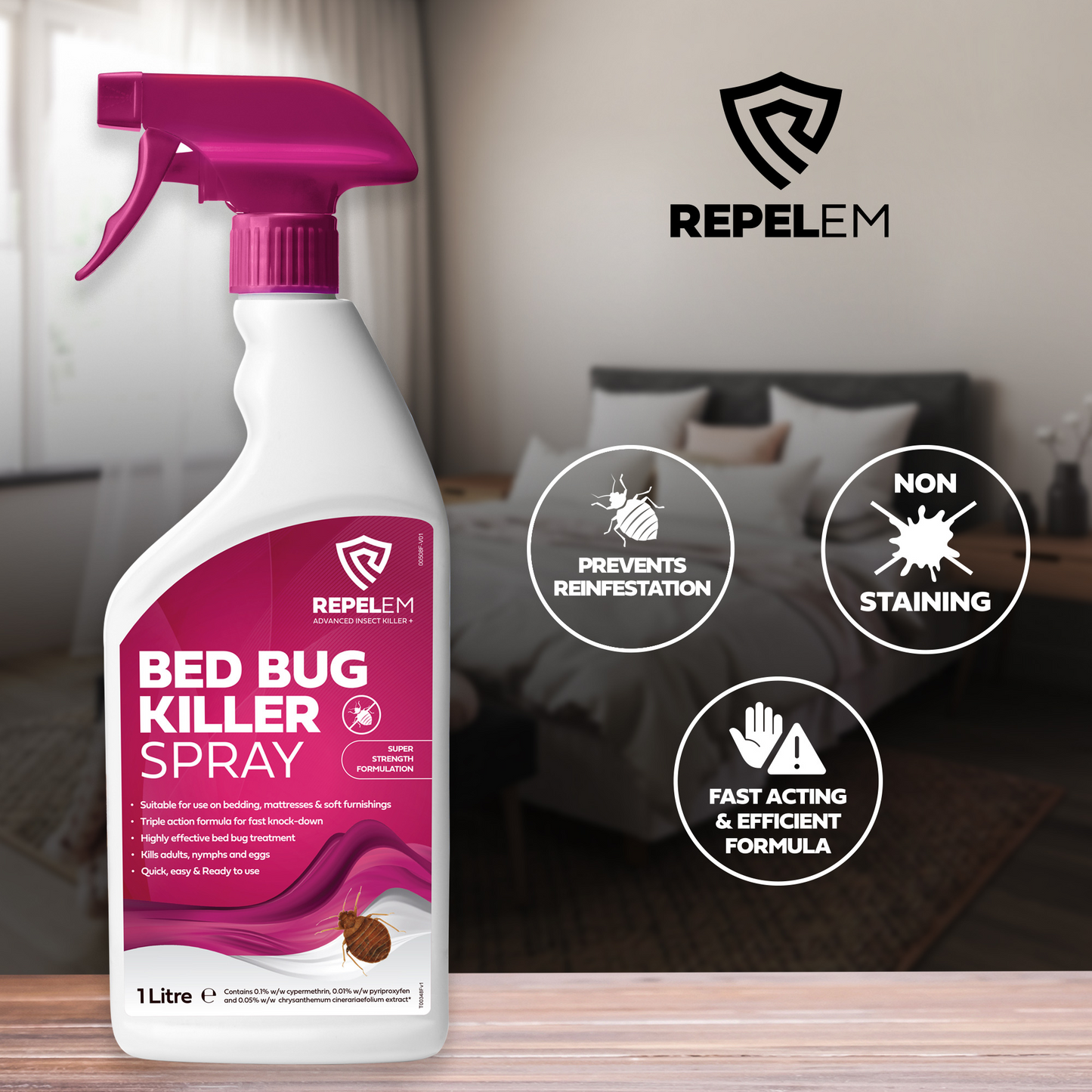 REPELEM Bed Bug Spray Prevents reinfestation, non-staining, fast acting formula. 