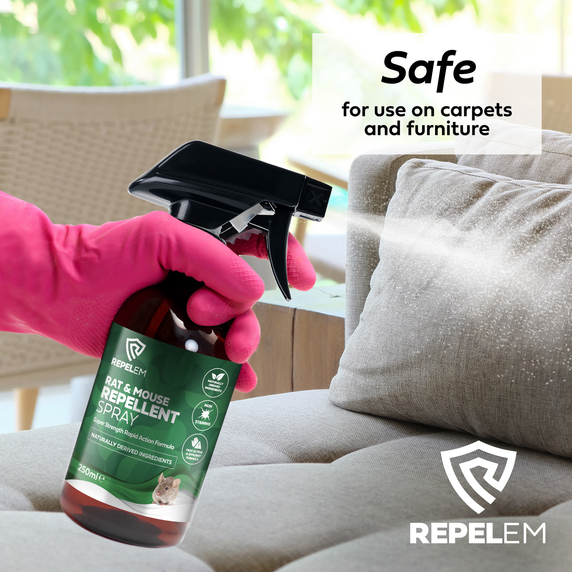 REPELEM Rat & Mouse Repellent Spray being sprayed on furniture, safe fore use on carpets.