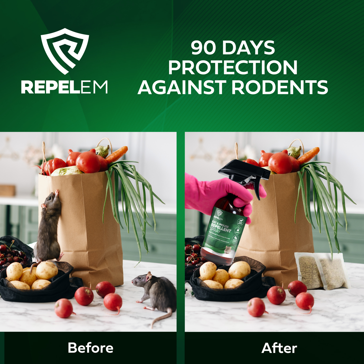 REPELEM Rodent Repellent Bundle - 6 Rodent Repellent Sachets & 250ml Peppermint Rodent Repellent Spray