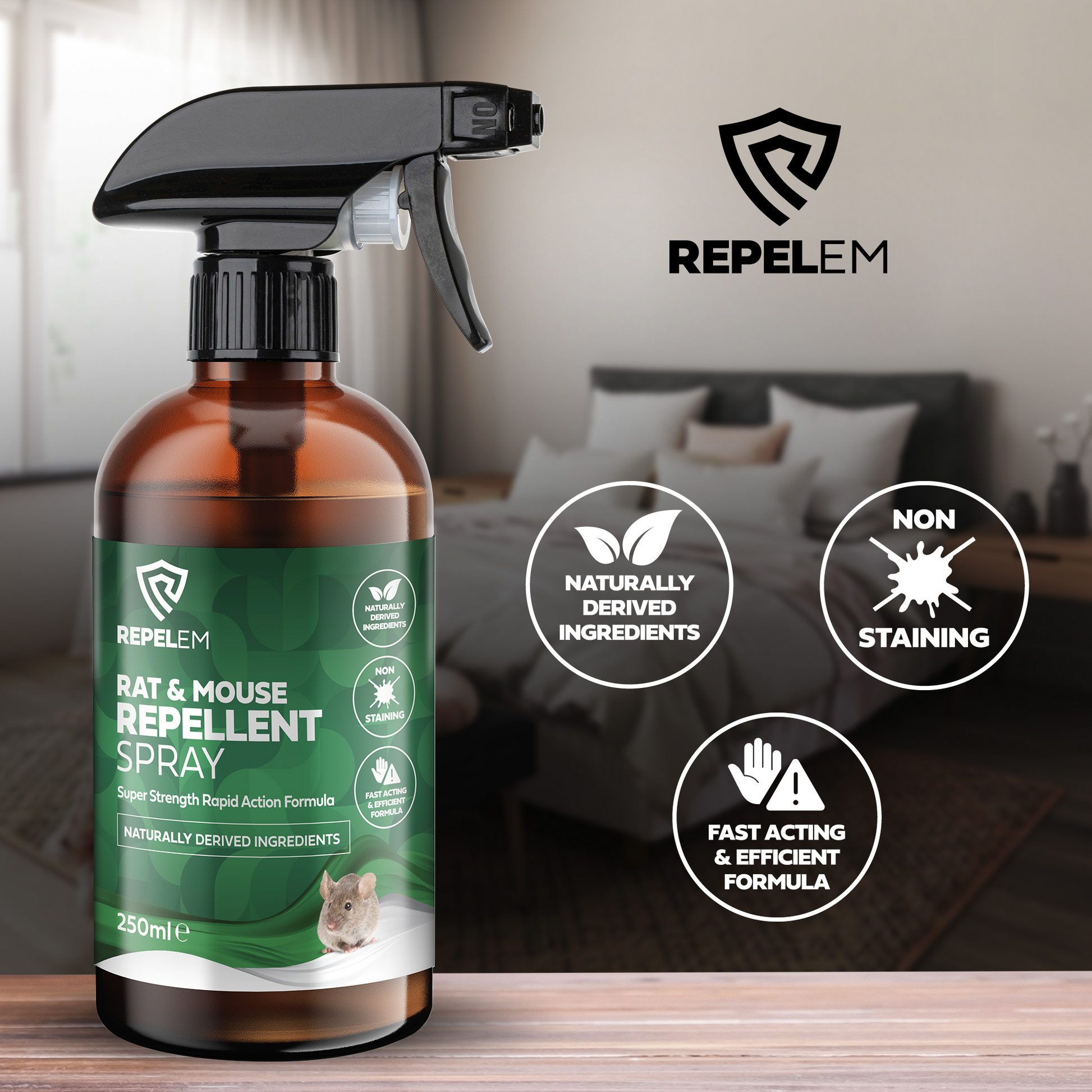 REPELEM Rat & Mouse Repellent Spray: non-staining, naturally derived ingredients, fast acting.