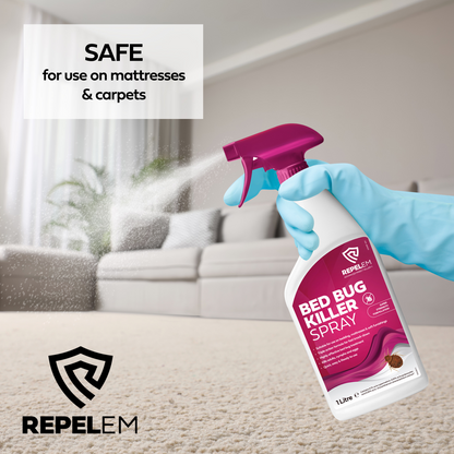 Bottle being sprayed, highlighting that the product is safe for use on mattresses & carpets. 
