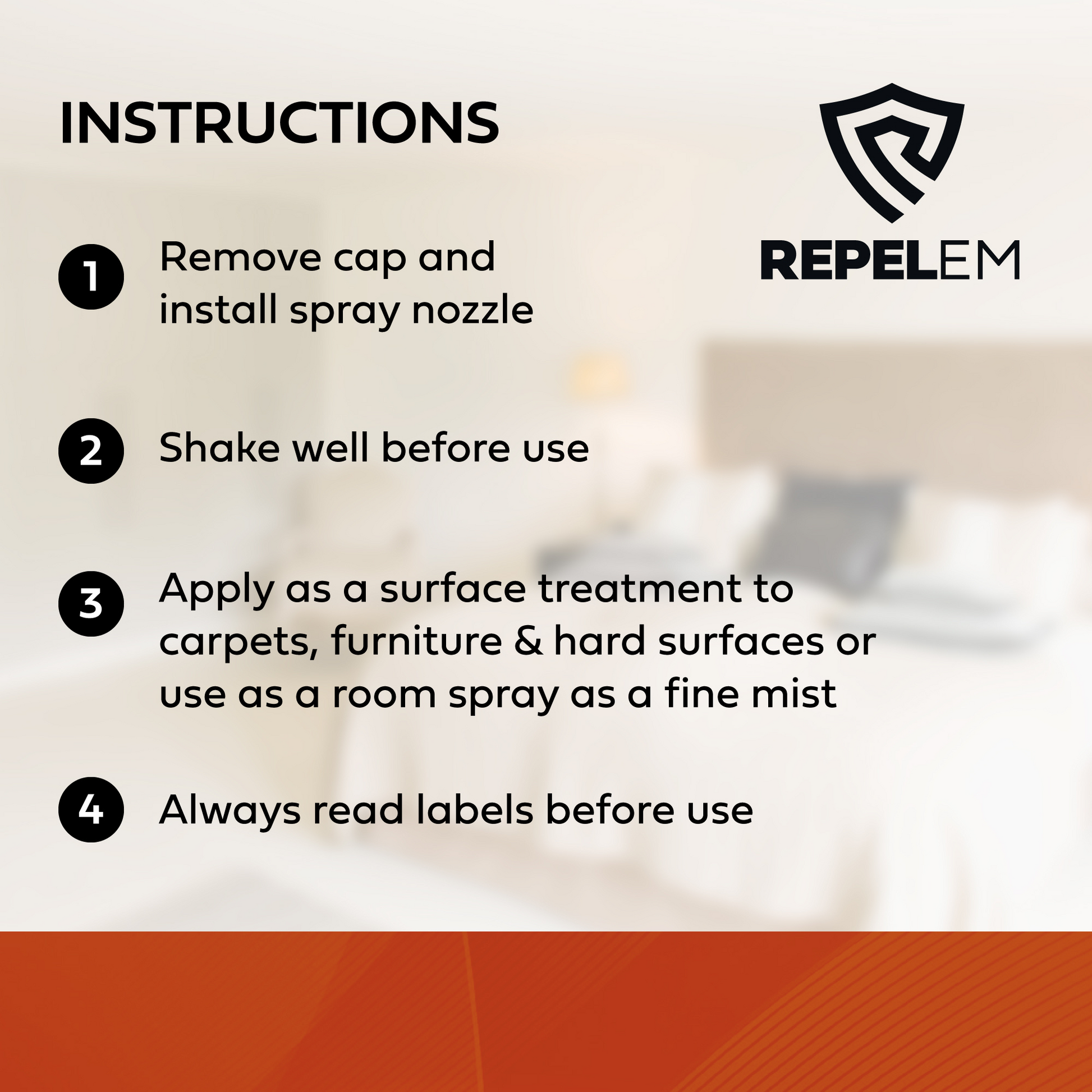 Product instructions, install spray nozzle, shake well, apply as surface or space treatment, read label before use. 